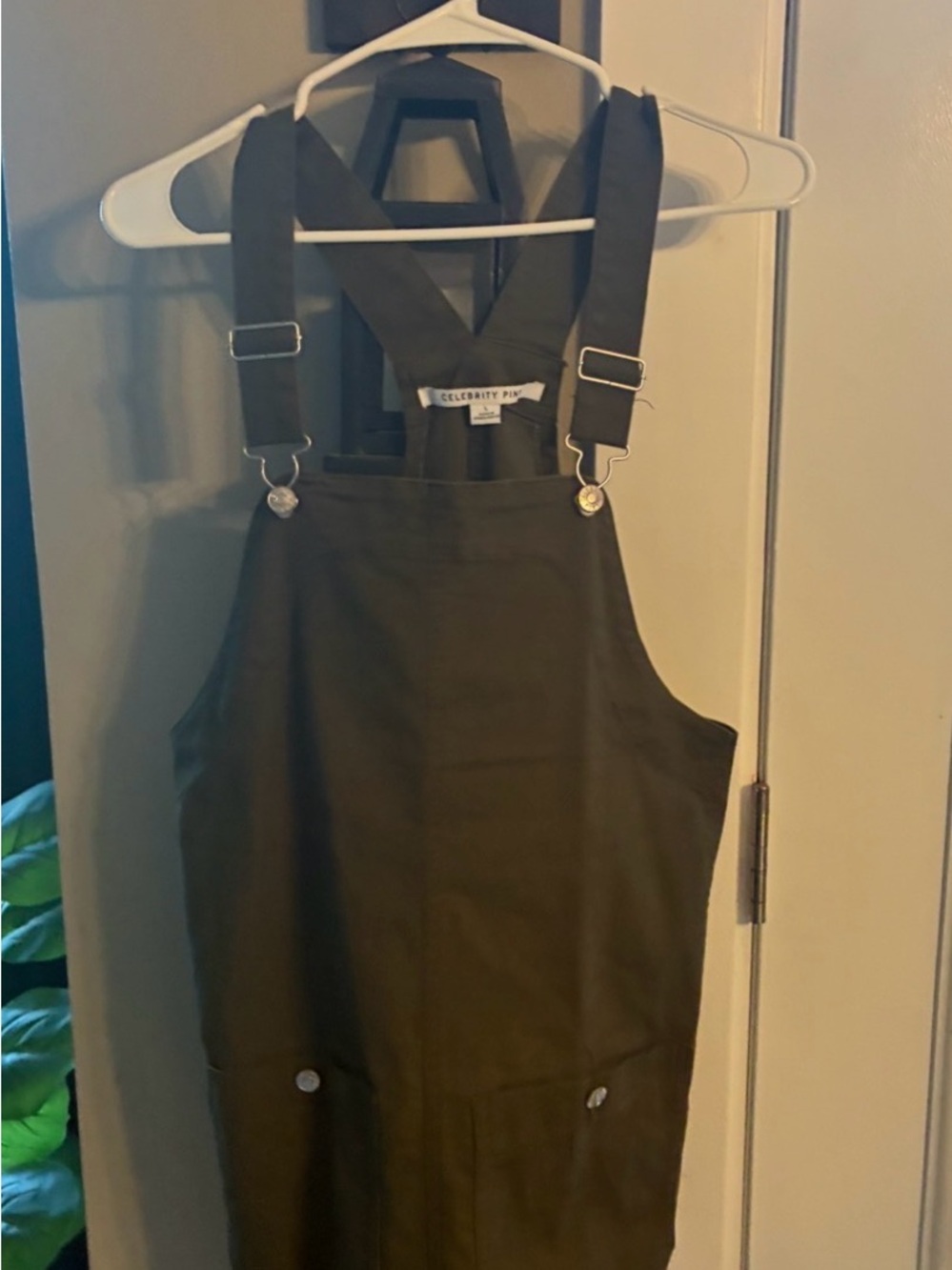 Celebrity Pink Olive Green Pinafore Dress with Crossback Straps